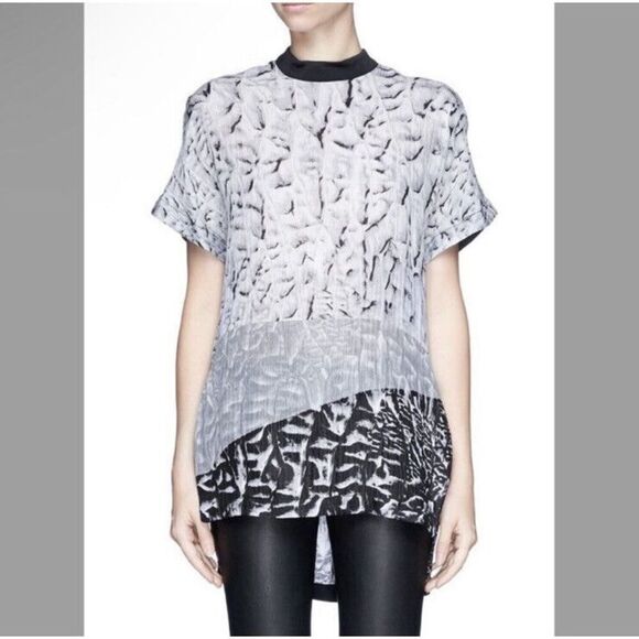 Helmut Lang Blouse Womens S 100% Silk Short Sleeve Crinkled Abstract Goth - Picture 1 of 10